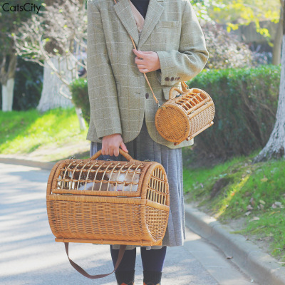 CatsCity纯手工藤编猫咪外出包透气提篮手提斜跨桶形猫包人猫共用|ms