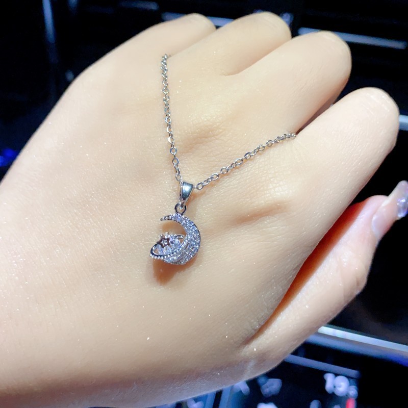 Daily, Shopping Occasion Titanium Steel Material Elegant Basic Streetwear Star Moon Titanium Steel Zircon Pendant Necklace In Bulk