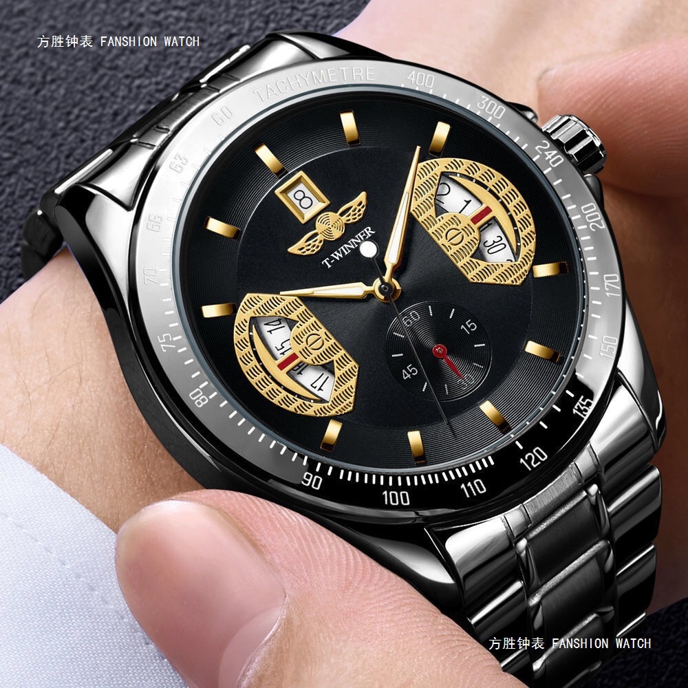 Winner Cool, Fashionable and Good-Looking Men's Steel Band Mechanical Watch Cross-Border Popular Calendar Fully Automatic Mechanical Watch