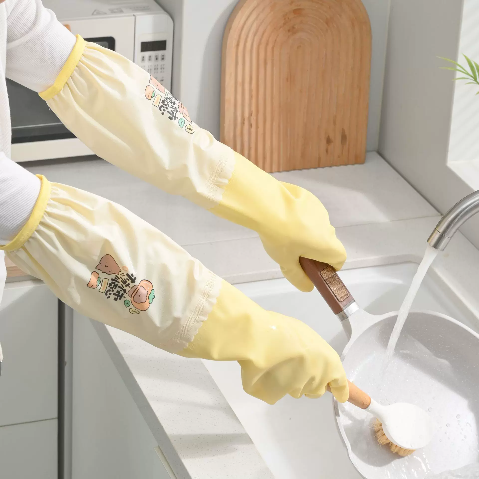 加绒防滑家务手套家用防水加长耐用清洁乳胶手套加厚厨房洗碗手套