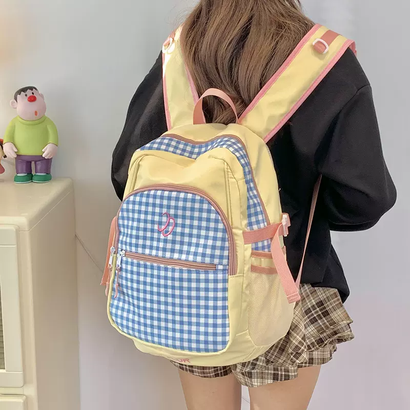 休闲双肩包新款日系格子可爱大容量背包少女风轻便中大学生书包