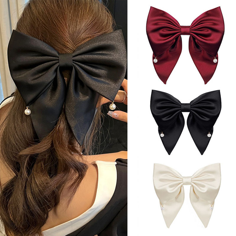 Satin Bow Pearl Pendant Hairpin Large Butterfly Hair Accessory Fabric Headpiece Burgundy Spring Clip
