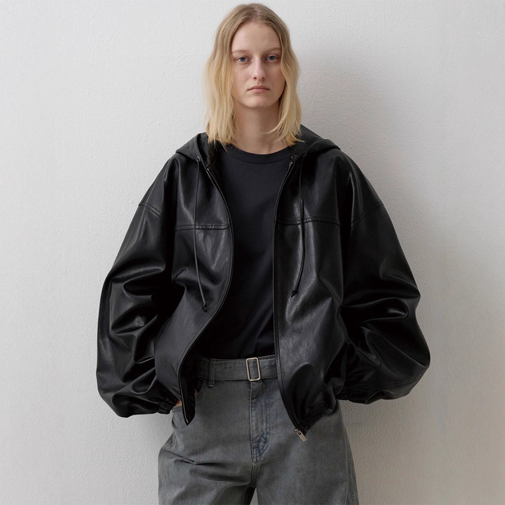 Th~Row Leather Jacket Women's Spring & Fall Low Classic Loose Slim Hooded Jacket Top