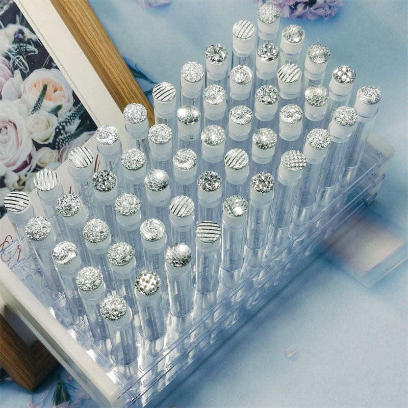 Silver-toned glittery diamond grafted false eyelashes, spiral comb, individual test tube disposable eyelash brush, eyelash crystal makeup brush