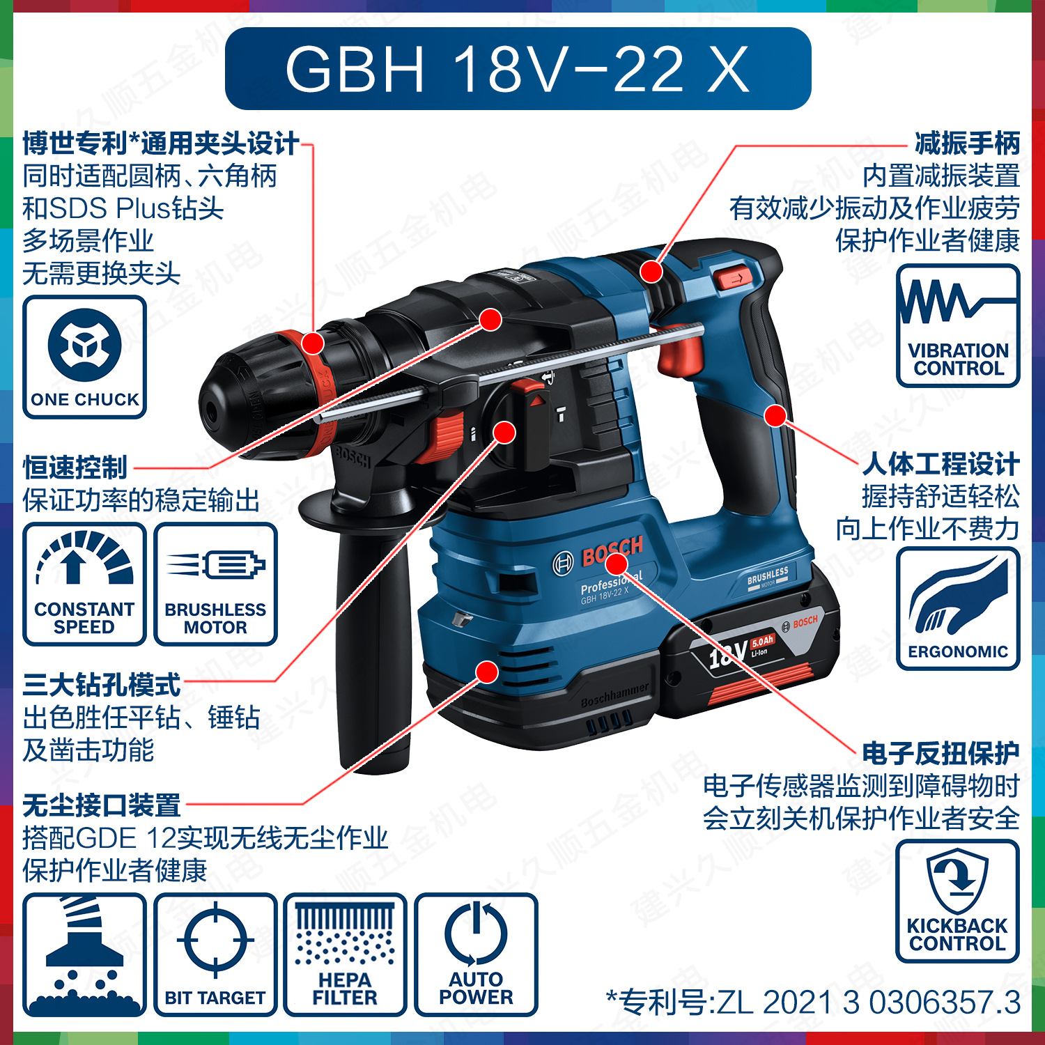 博世充电式电钻锤GBH18V-22X通用夹头多功能冲击钻无刷锂电重载