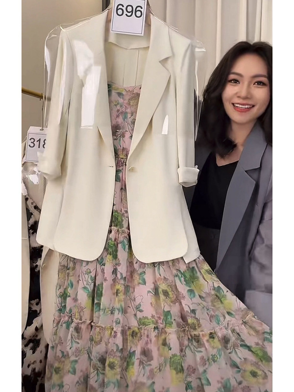 2025春夏新款小香风薄款西装套装女法式小众气质碎花吊带连衣裙子|undefined