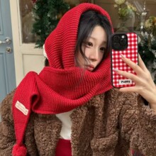 新年红色毛球针织围巾女2025冬季纯色百搭加厚保暖护颈毛线围脖潮