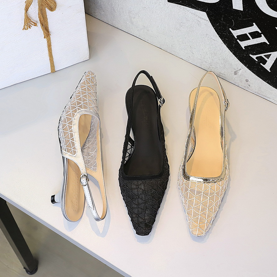 5131 European And American Style Banquet Fashion Elegant Pointed Toe Low Heel Mesh Breathable Hollow Back Strap Women's_vogvips.com