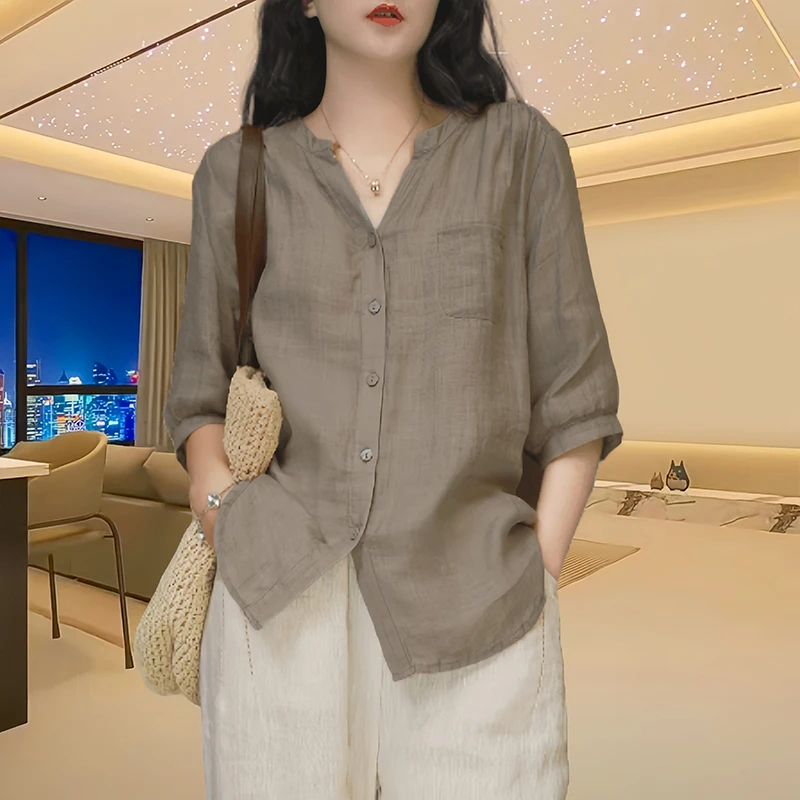 Plus Size Loose Top Summer New Pure Color V Neck Twill Ramie Shirt Women's Three-Quarter Sleeve Fashionable Shirt Trendy