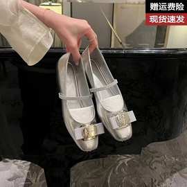 女鞋真皮银色平底气质单鞋2024新款浅口法式玛丽珍鞋芭蕾舞鞋
