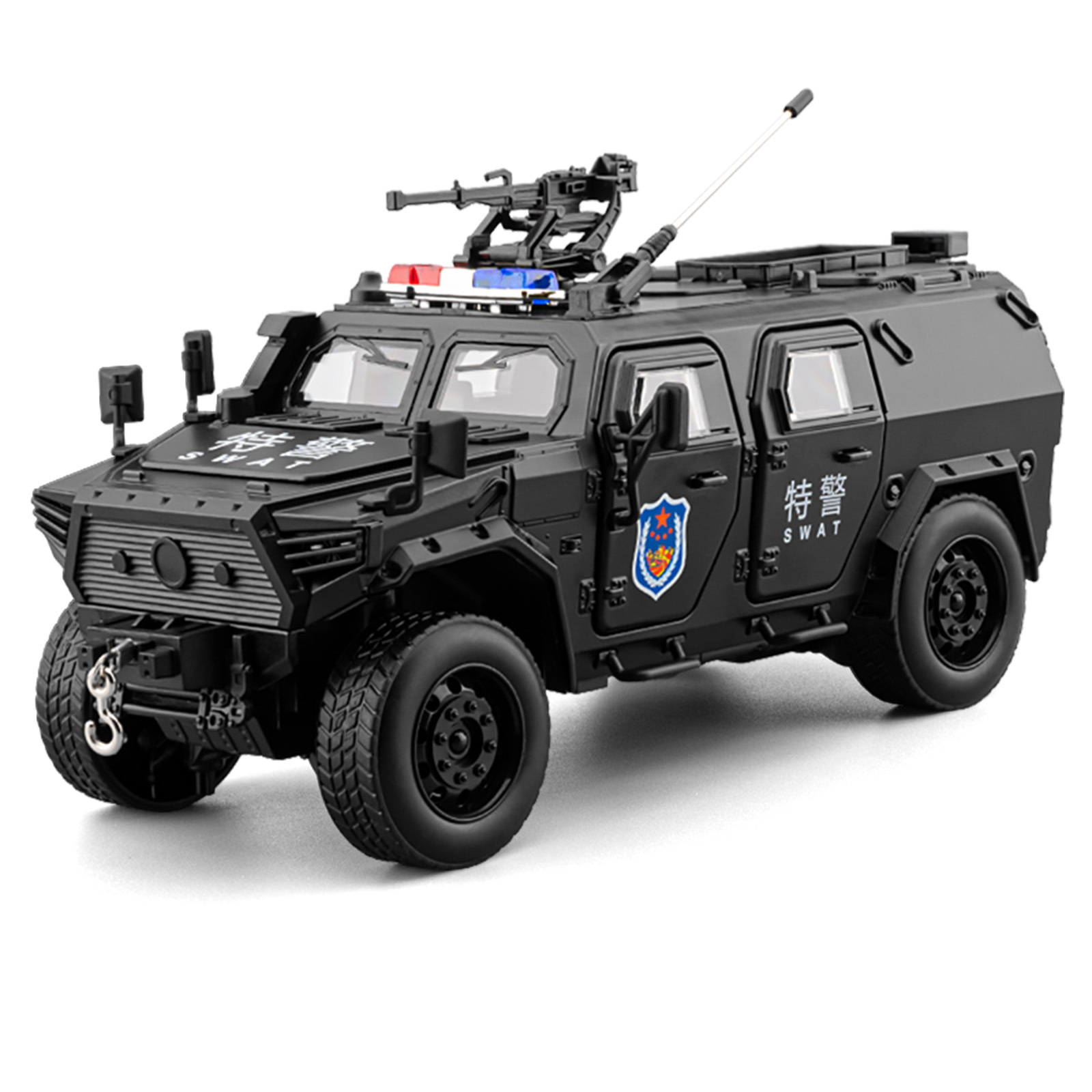 1:20 Coches de policía de aleación de imitación de sonido y luz reales de retroalimentación militar modelo de vehículo blindado de policía especial juguetes para niños