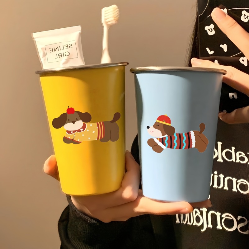 可爱腊肠狗漱口杯加厚家用牙刷杯洗漱杯情侣学生旅行不锈钢水杯|undefined