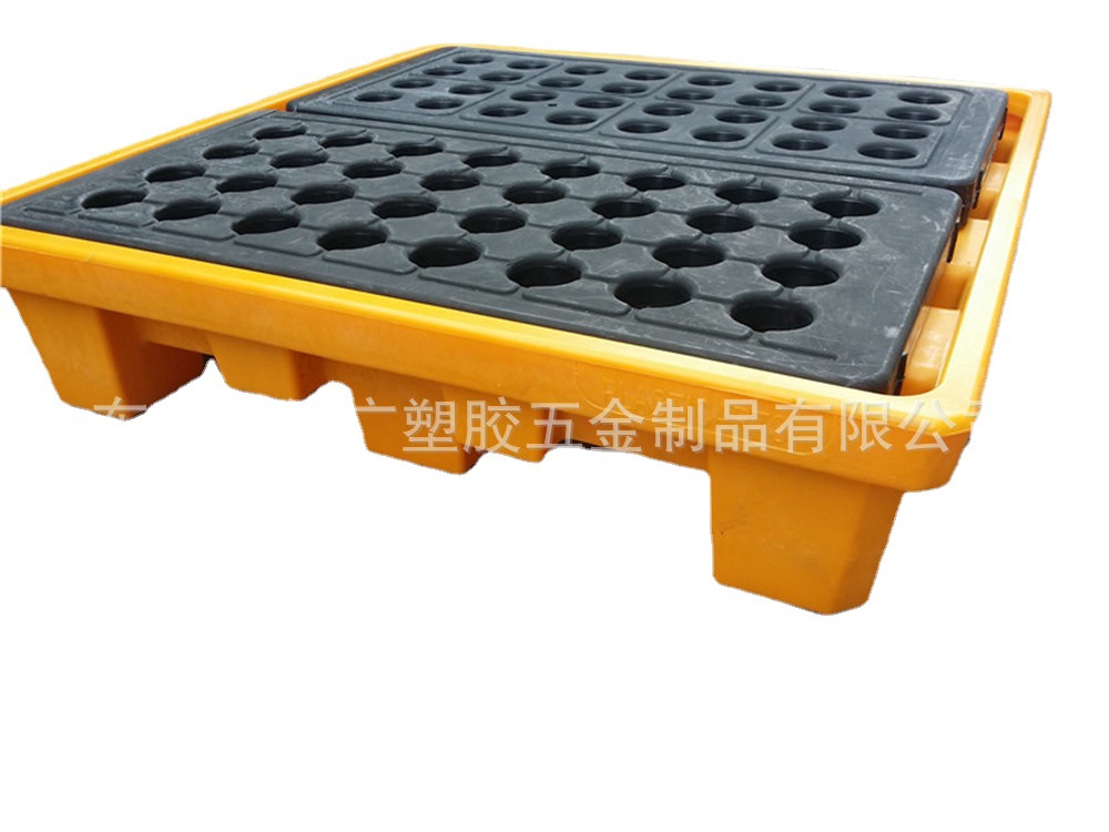 供应上海黄黑色塑胶四桶盛漏托盘 化工厂液体防泄漏卡板 叉车栈板