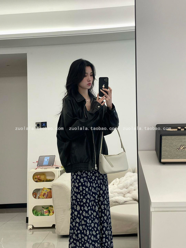 一整套入春穿搭大码胖mm美式复古皮衣夹克外套碎花连衣裙减龄套装|undefined