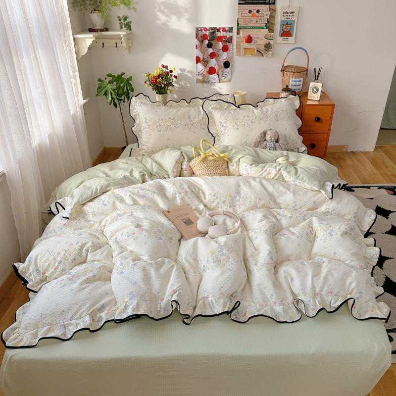 Ice Silk Cooling Duvet Cover Set Ruffled Edge Gauze Bedding 4 Piece_voghion.com