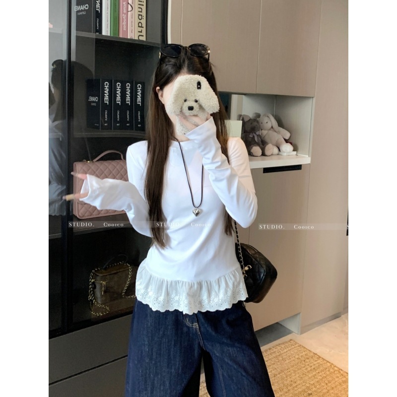别致下摆蕾丝花边长袖t恤女秋季韩系chic内搭叠穿设计感打底上衣|undefined