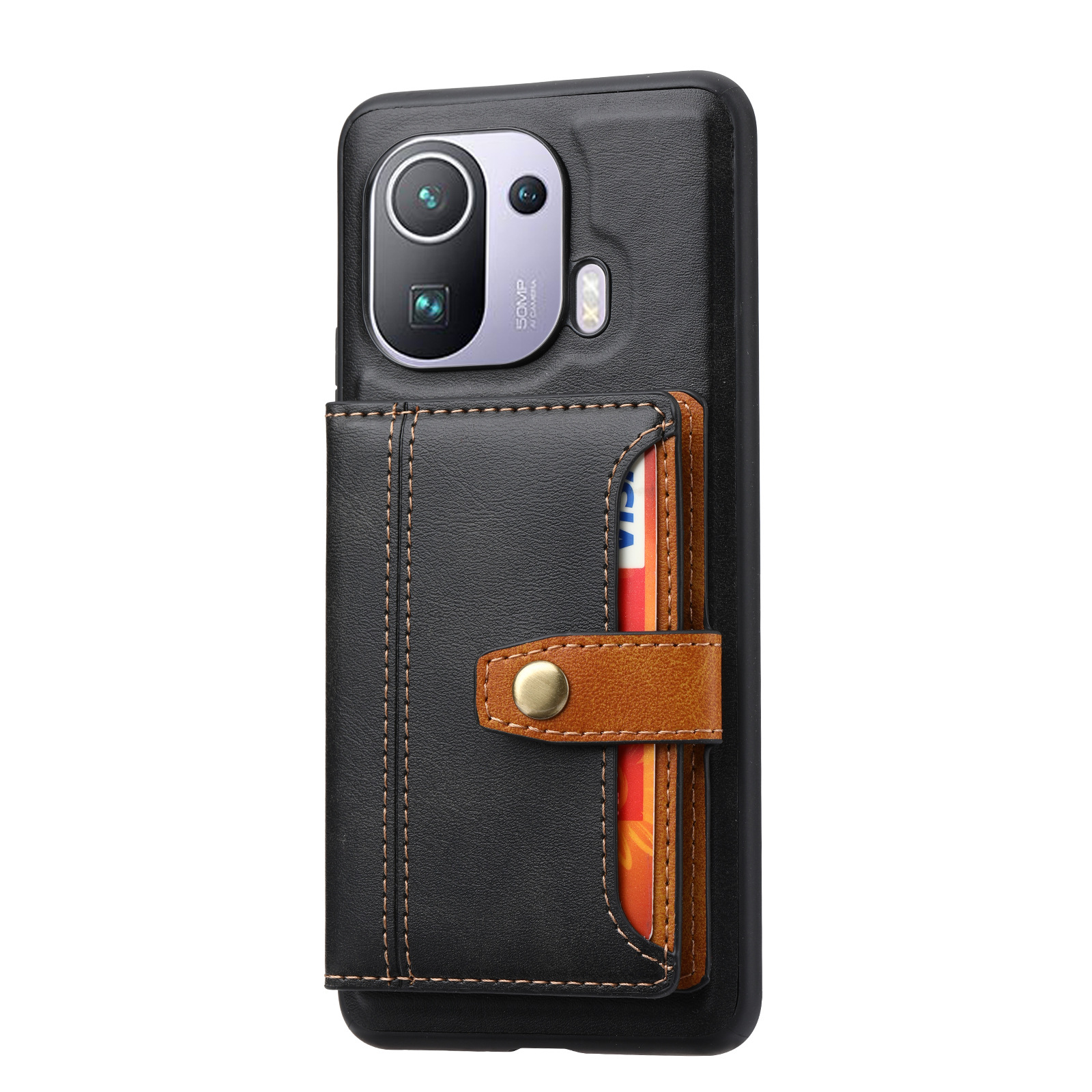 Funda para teléfono móvil Xiaomi 11pro con ranura para tarjetas externa, funda de cuero tipo billetera, funda de cuero 11pro = funda moderna con bloques de color