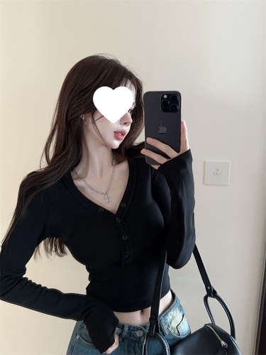 260g Fleece Women's T-Shirt with Straight Shoulder, Long Sleeve, Buttoned V-Neck Top for Autumn/Winter, Basic Layering Blouse, Innerwear Shirt