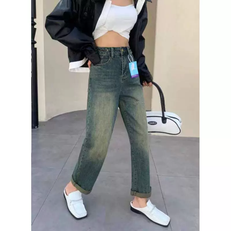 直筒牛仔裤女2025春季韩版高腰宽松显瘦阔腿百搭休闲男友裤九分裤