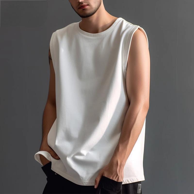 Hong Kong-style trendy sleeveless vest men's summer 240g cotton sports fitness waistcoat T-shirt loose basketball vest men's