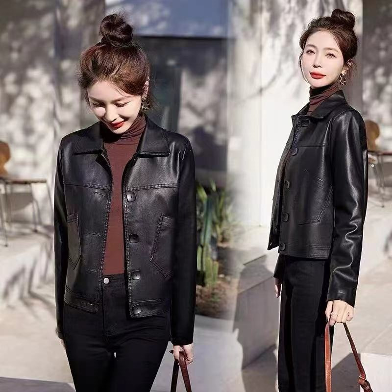 Versatile, slim-fit, trendy, and stylish women’s eight-button thin leather jacket, Korean style, available in black and brown Versatile, slim-fit, trendy, and stylish women’s eight-button thin leather jacket, Korean style, available in black and brown