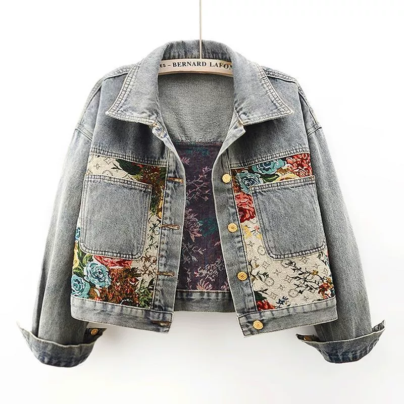 Denim short jacket, oversized loose fit with floral patchwork, cropped style