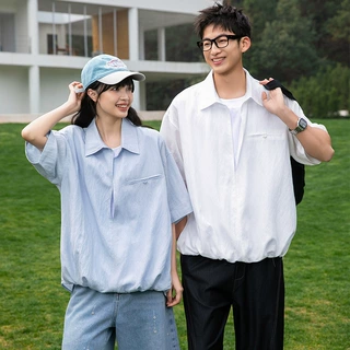 莱赛尔冰感亚麻假两件短袖衬衫男女同款夏季大码松弛风宽松衬衣潮