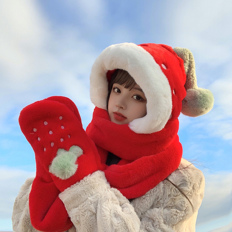 Cappello di Natale per bambini, dolce e carino, sciarpa e guanto di peluche alla fragola, in un unico pezzo, peluche invernale, addensamento caldo tre_voghion.com