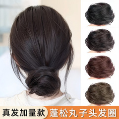 リアルヘアローボールヘッドウィッグ女性のヘアバンドアップヘアバッグ古代スタイルの花のつぼみふわふわヘアリングフル人毛ウィッグバッグ