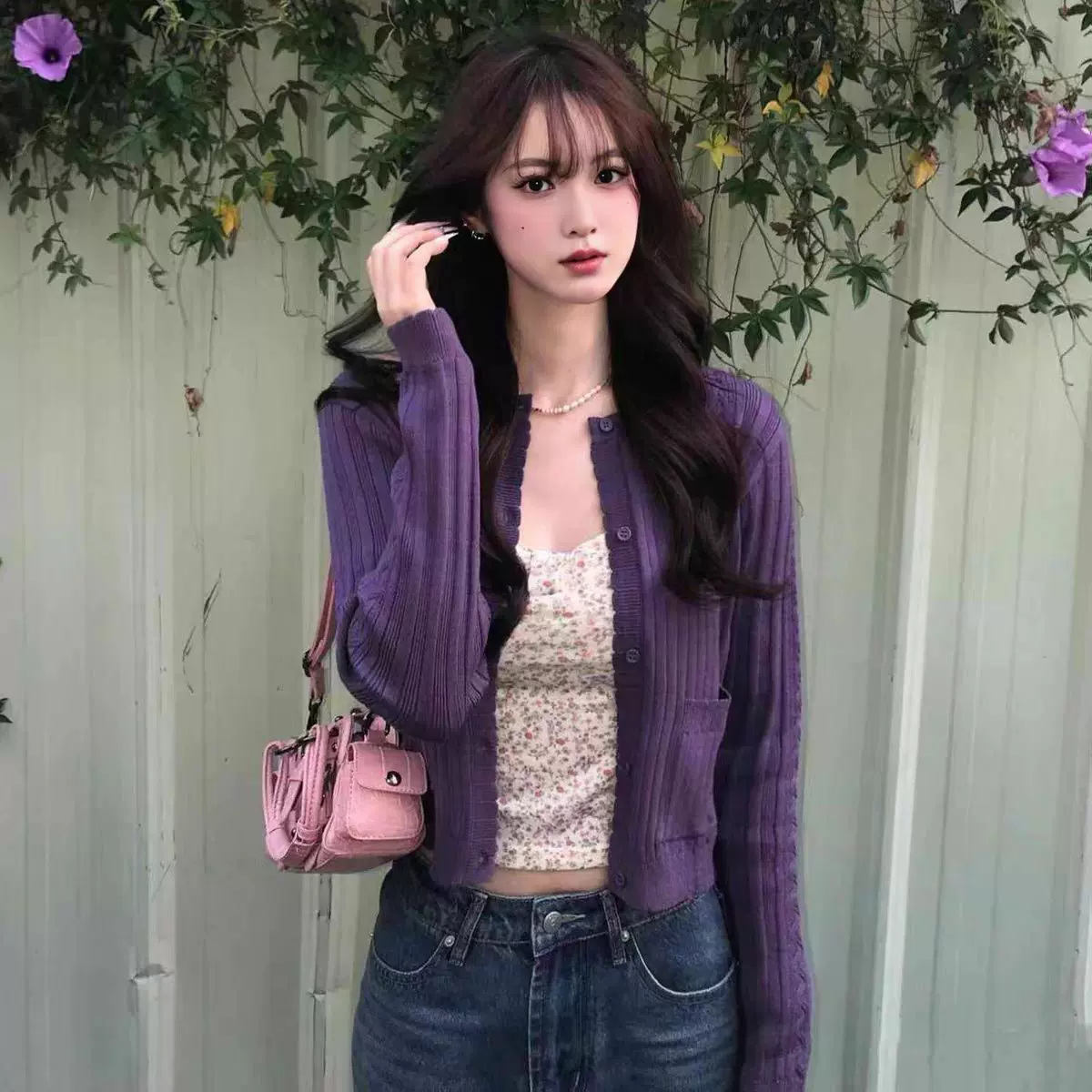 2026春法式温柔风独特漂亮超好看紫色针织开衫设计感短款毛衣外套