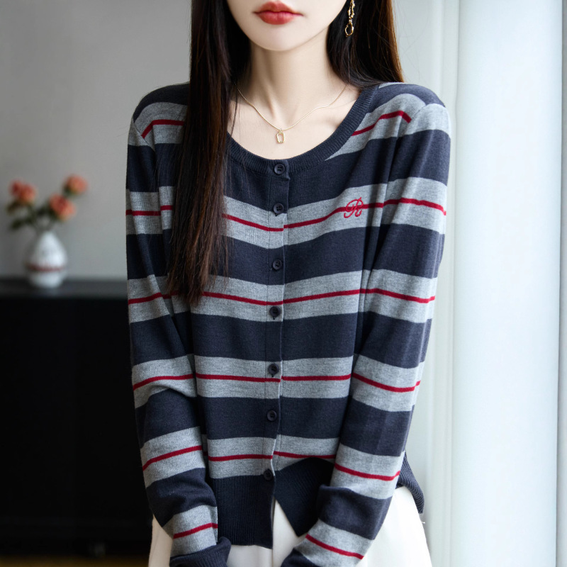 2025早秋新款显瘦针织衫外套女开衫拼色条纹刺绣长袖上衣女A7123|undefined