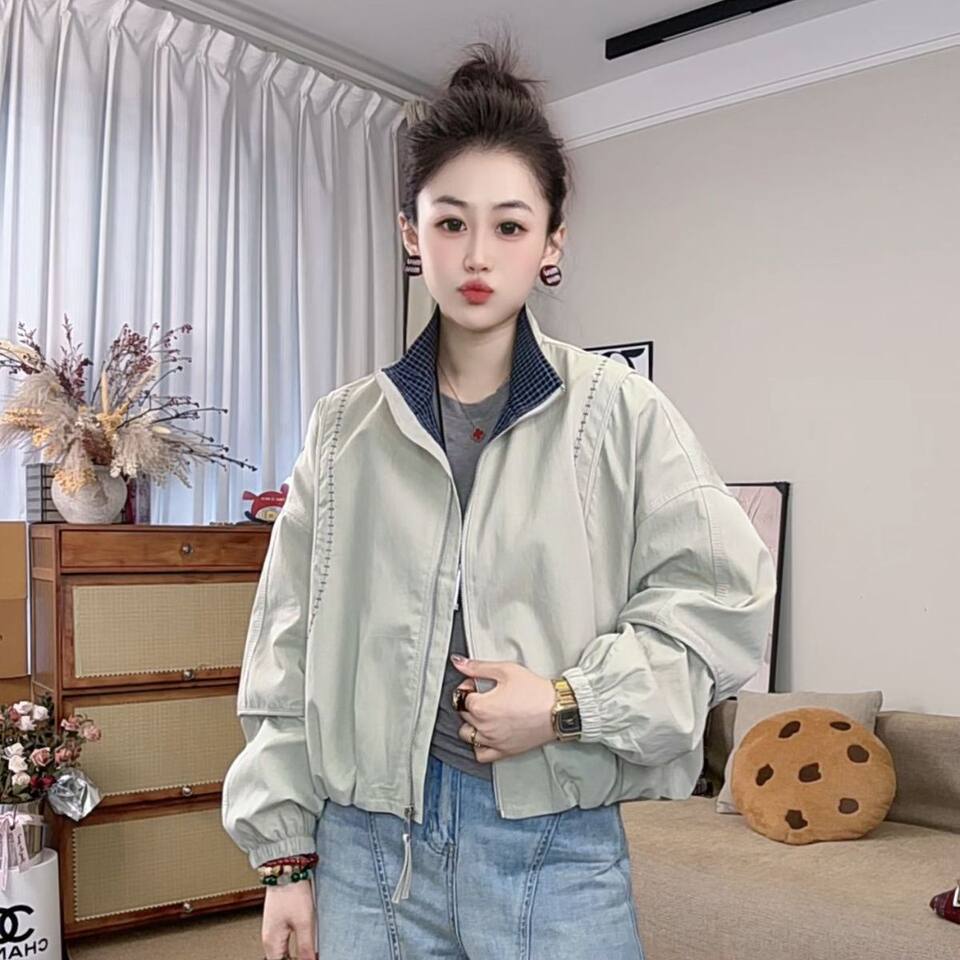 Áo khoác bóng chày nữ dáng ngắn rộng rãi phong cách casual, dài tay cổ bẻ khóa kéo — Màu xám đậm, Xanh kaki, Xanh khói, màu đen chi tiết 5
