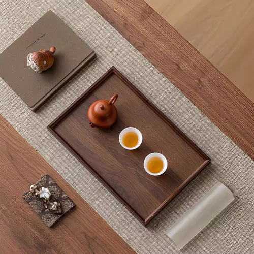 Rectangular wooden tray bamboo breakfast plate, black walnut color, tea cup plate set for commercial, light luxury, aroma diffuser afternoon tea tray