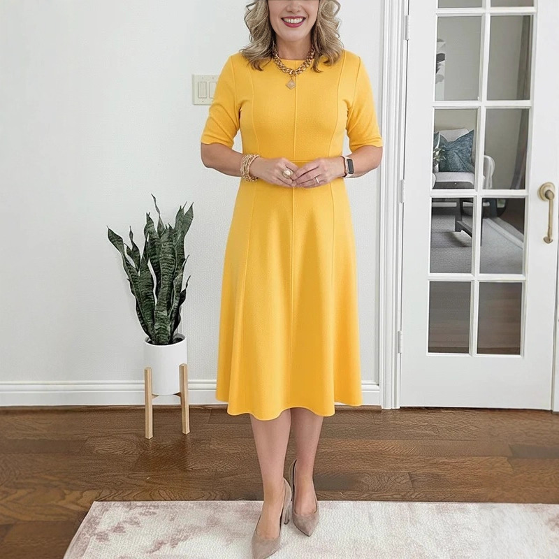 "2026 New Spring/Summer Short-Sleeve Slim-Fit Round-Neck Solid Color Dress, Elegant Women's Dress"_ecoleips.com