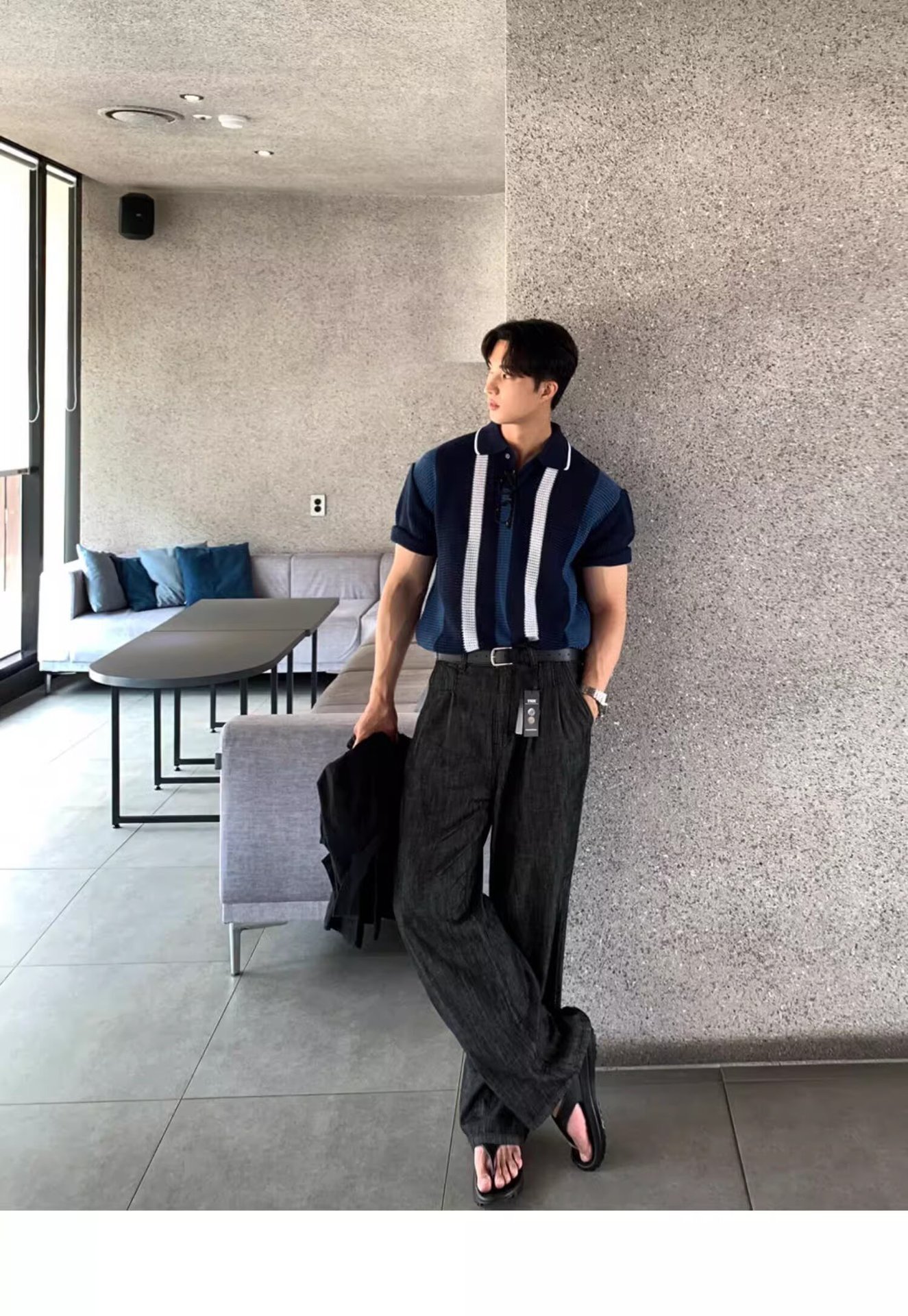 Men's High Quality Breathable Hollowed Out Color Block Knit Polo Shirt Korean Style Vertical Striped Short Sleeved T-Shirt For Spring/Summer_viptrois.com