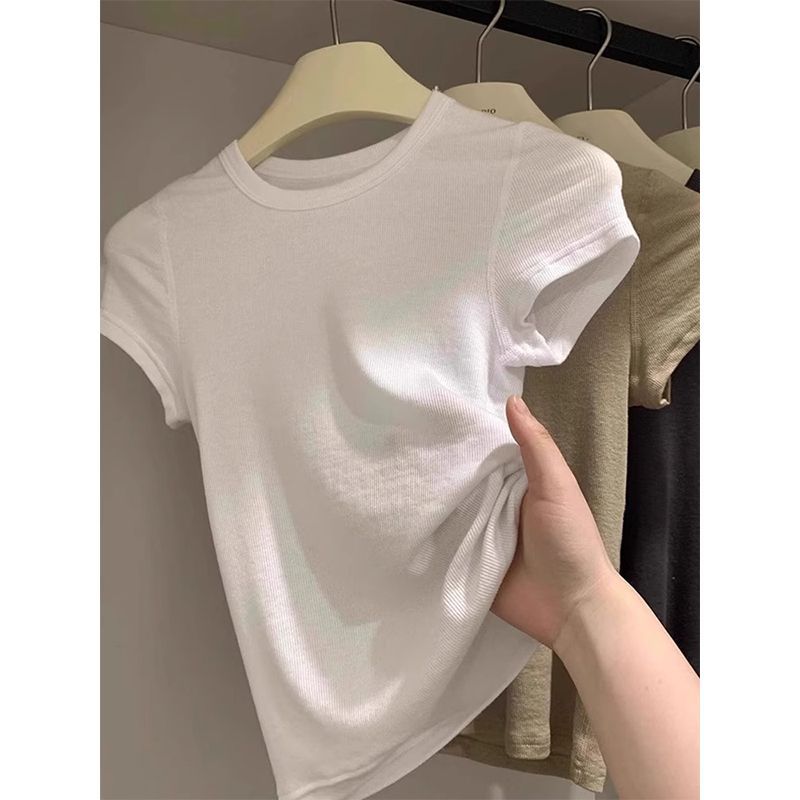 White Shoulder Round Neck Short-sleeved T-shirt Women's 2025 Summer New Simple Slim-fit Skinny Small Flying Sleeve Spice Girl Top