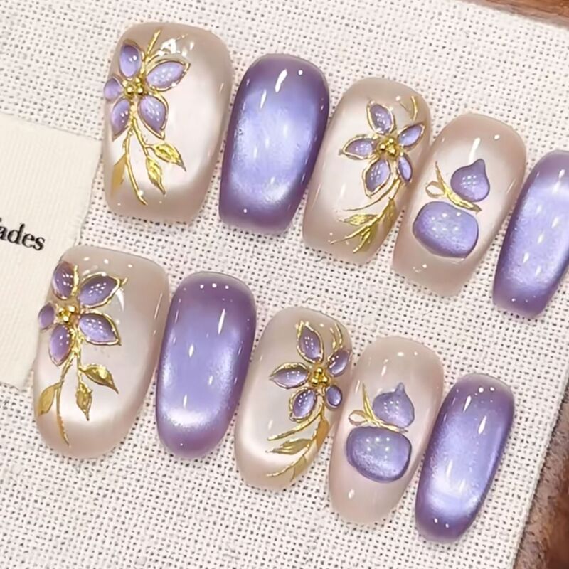 Purple Gold Fortune New Autumn/Winter Purple Moisturizing Cat Eye High-End Handmade Wearable Nails Hand-Painted Enamel Nail Art Purple Gold Fortune New Autumn/Winter Purple Moisturizing Cat Eye High-End Handmade Wearable Nails Hand-Painted Enamel Nail Art