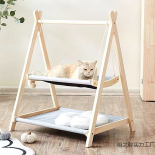 Cat Hammock Swing Cradle Solid Wood Hanging Pet Rocker All-Season Cat Bed Universal Rocking Cat Stand