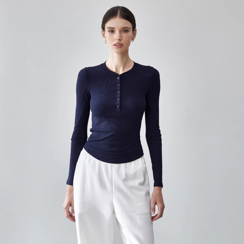 Lulu Women's Henley Shirt, Round Neck Yoga Long-Sleeved T-Shirt, Versatile Waist-Cinching Slimming Inner Layering Shirt with Henley Collar