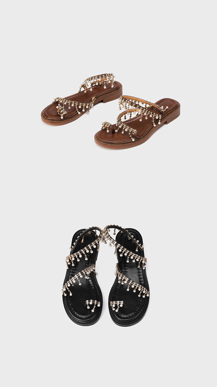 Dép sandal nữ xỏ ngón đế bệt da bò phong cách La Mã tua rua ngọc trai — Màu nâu, Màu đen, Màu trắng be chi tiết 22