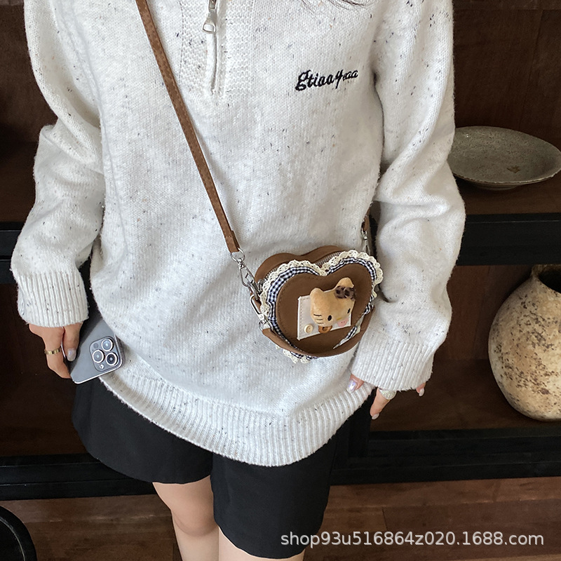 Children's Leopard Print Heart-Shaped Cat Shoulder Bag, New Dopamine Color Scheme, Exquisite Girls' Commuting Crossbody Bag for Kindergarten