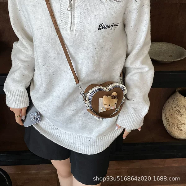 Children's Leopard Print Heart-Shaped Cat Shoulder Bag, New Dopamine Color Scheme, Exquisite Girls' Commuting Crossbody Bag for Kindergarten