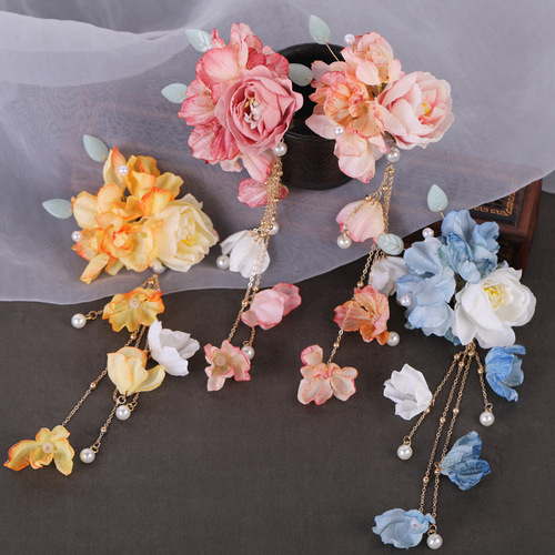 Hanfu fairy princess dance silk flowers hair hairpin for women girls embroidered female antique flower edge clip costume deserve to act the role of children headdress tassel hairpin