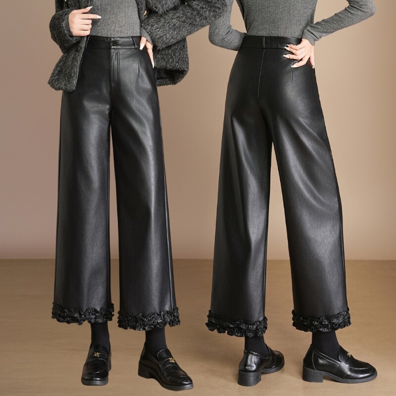 Haining Genuine Leather Pants for Women 2025 Winter Fleece-Lined Thickeneded Goatskin Wide-Leg Pants High-Waisted Loose Nine-Point Straight Pants Haining Genuine Leather Pants for Women 2025 Winter Fleece-Lined Thickeneded Goatskin Wide-Leg Pants High-Waisted Loose Nine-Point Straight Pants