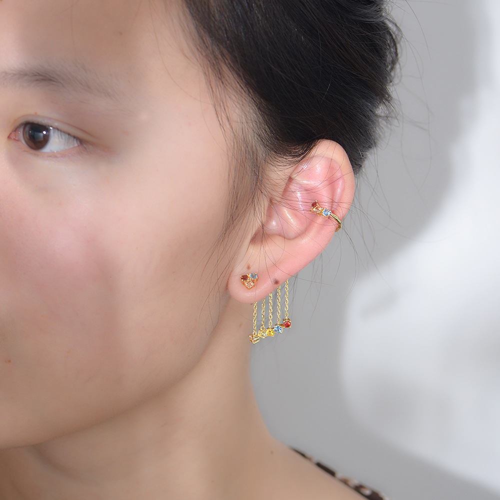 Europa y América ins pendientes de alto sentido nicho s925 plata esterlina personalidad asimétrica color circón pendientes de la borla