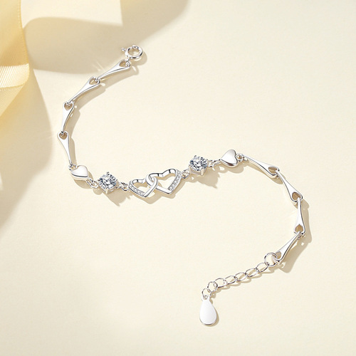 Shengli Jewelry S999 sterling silver heart-to-heart bracelet, simple and sweet hand jewelry, romantic silver jewelry, wholesale
