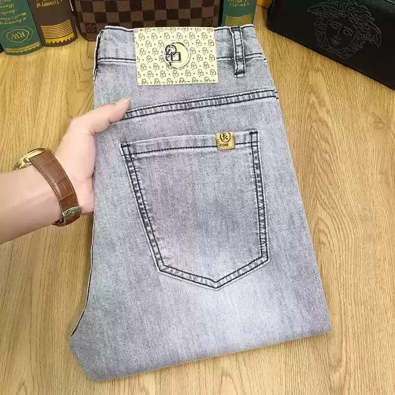 Trendy Men's Light Gray Jeans Slim Fit Straight Leg Long Pants Spring_mkmklike.com