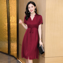 中长款春夏真丝连衣裙女式V领系带气质百搭桑蚕丝高腰显瘦裙子