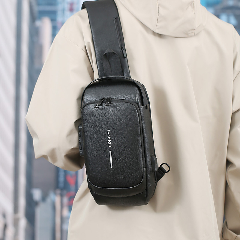 Bolsos de hombre, bolsos de hombro PU, mochila deportiva multifuncional, mochila de pecho impermeable, carga USB, bolso de pecho antirrobo