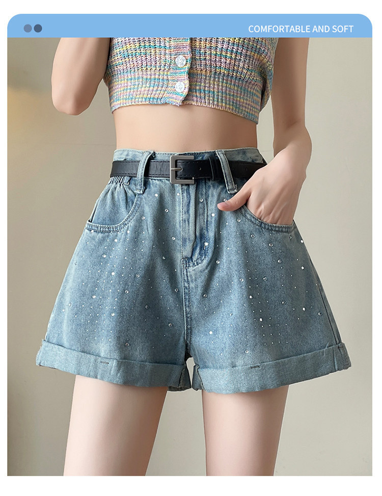 Quần short jean nữ lưng cao, ống rộng, viền chữ A, kiểu mới mùa hè — Xám đen với thắt lưng chi tiết 3